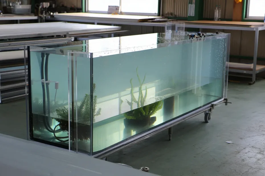 Aquarium acrylique 1000 litres, cuve nue sur mesure en plexiglas, posé sur meuble roulant en atelier avec plantes à l’intérieur.