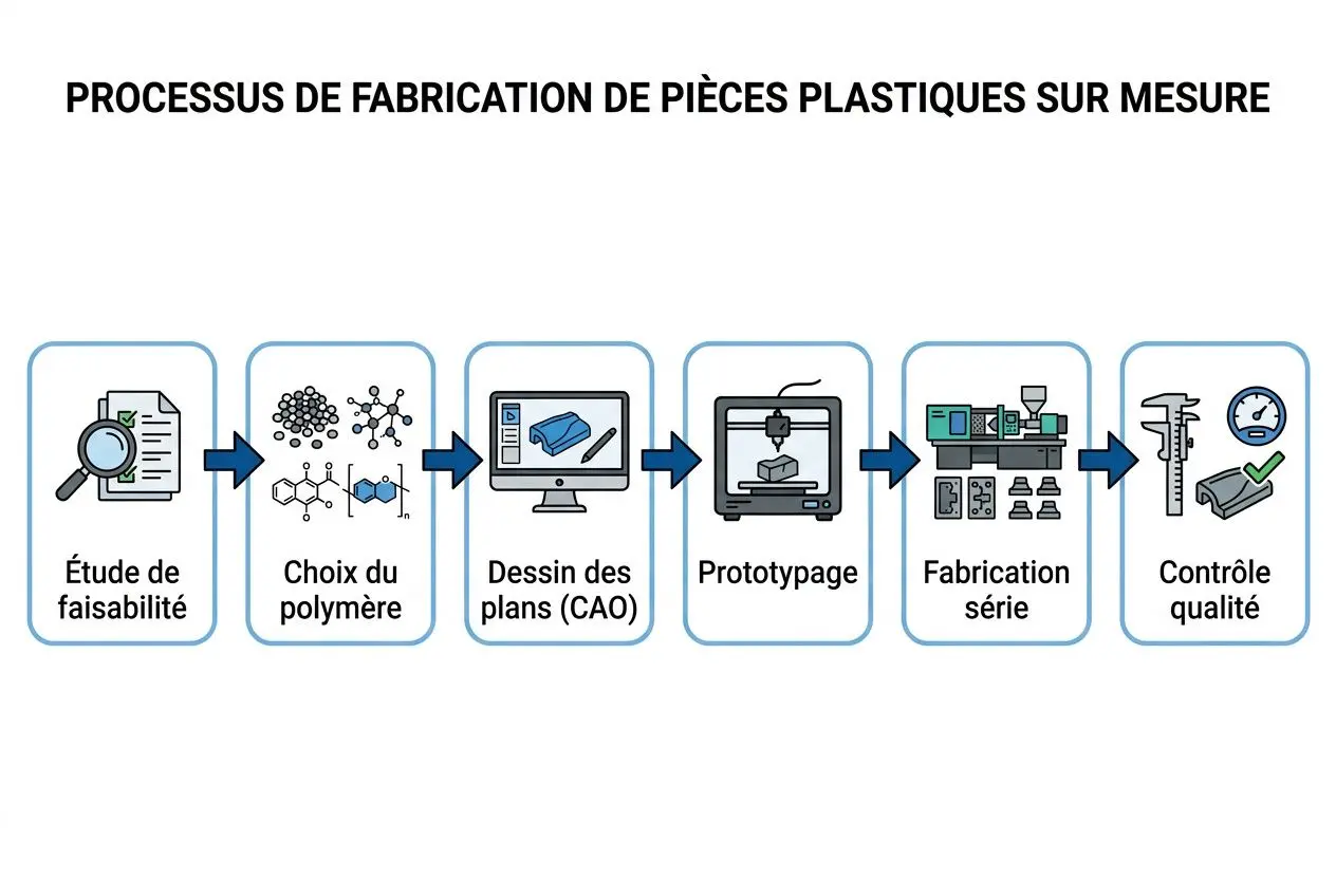Processus de fabrication de pièces plastiques sur mesure: étude de faisabilité, choix du polymère, dessin des plans (CAO), prototypage, fabrication série, contrôle qualité.