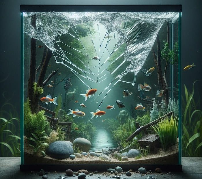 Aquarium plexiglas événement : éclat fissuré sur le devant, poisson rouges et décor naturel illuminé à l’intérieur, ambiance d’aquarium sur mesure.