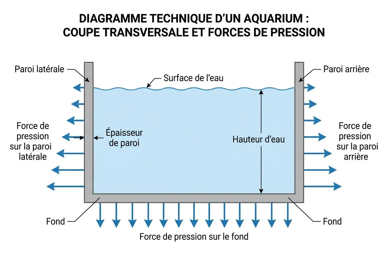 Diagramme technique d’un aquarium: coupe/transversale avec pression sur les parois et fond. Le couvercle aquarium plexiglas n’est pas visible mais le schéma illustre les forces sur les parois latérale et arrière et l’épaisseur de paroi.