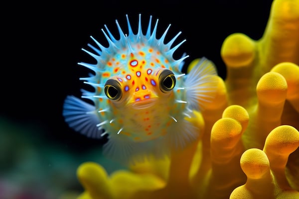 Poisson-pêcheur coloré près des coraux, mettant en valeur la clarté et les reflets d’un aquarium "aquarium plexiglas ou verre" potentiellement adapté.