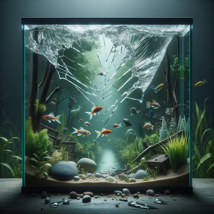 Aquarium ouvert plantes avec lèvre fissurée et ambiance aquatique, poissons orange nageant parmi les plantes et roches décoratives.