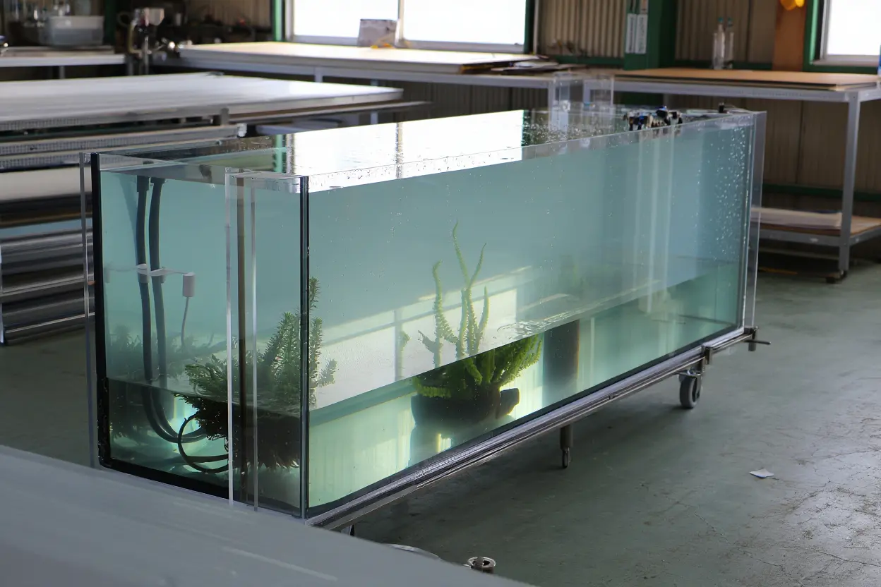 Grand aquarium ouvert sur roulettes, rempli d’eau avec plantes émergées et matériel posé autour.