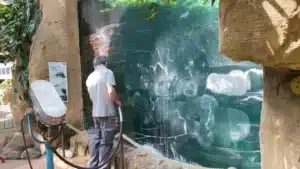 Gros plan sur un aquarium en plexiglas PMMA, transparent et lustré, avec un ouvrier devant la paroi et outils à côté.