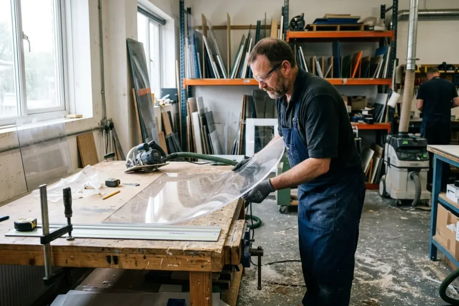 Ouverture et polissage d’un morceau de plexiglass sur une table de travail en atelier. Un artisan porte une combinaison et gants, près d’outils et de feuilles de PMMA. Différence entre pmma coulé et extrudé évoquée.