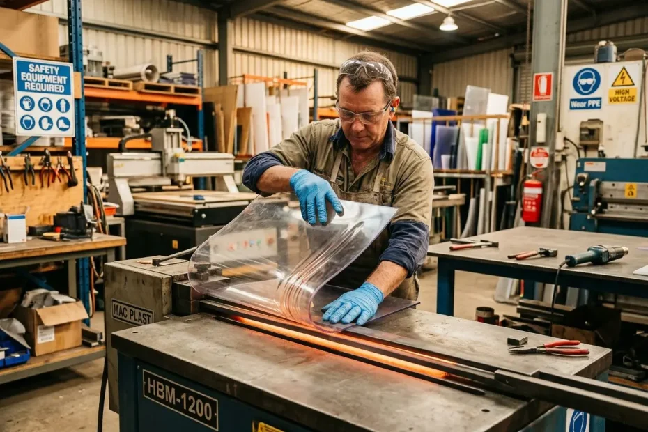 Ouvrier manipulant une plaque plastique transparente près d’une machine industrielle, avec gants bleus et sécurité, dans un atelier de fabrication. Plastiques résistants aux produits chimiques est mis en avant.
