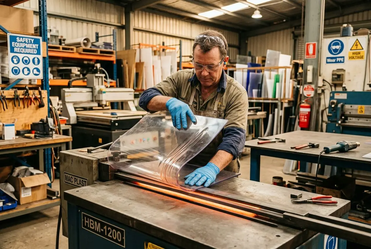 Ouvrier manipulant une plaque plastique transparente près d’une machine industrielle, avec gants bleus et sécurité, dans un atelier de fabrication. Plastiques résistants aux produits chimiques est mis en avant.