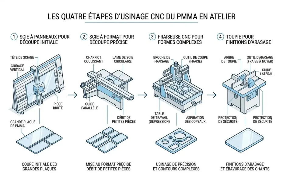 Plexiglass plié sur mesure : scène montrant les étapes CNC et découpe du PMMA, avec pliage précis et finitions sur mesure.