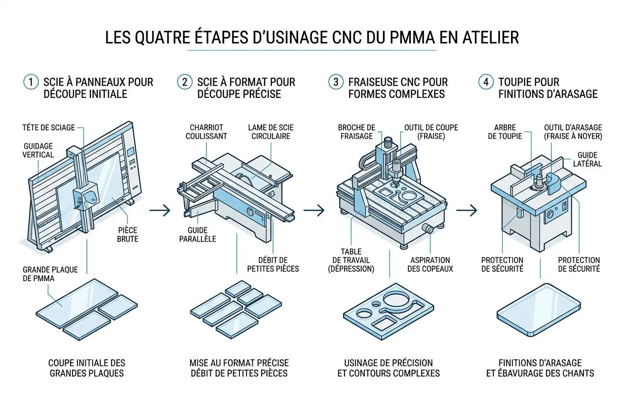 Plexiglass plié sur mesure : scène montrant les étapes CNC et découpe du PMMA, avec pliage précis et finitions sur mesure.
