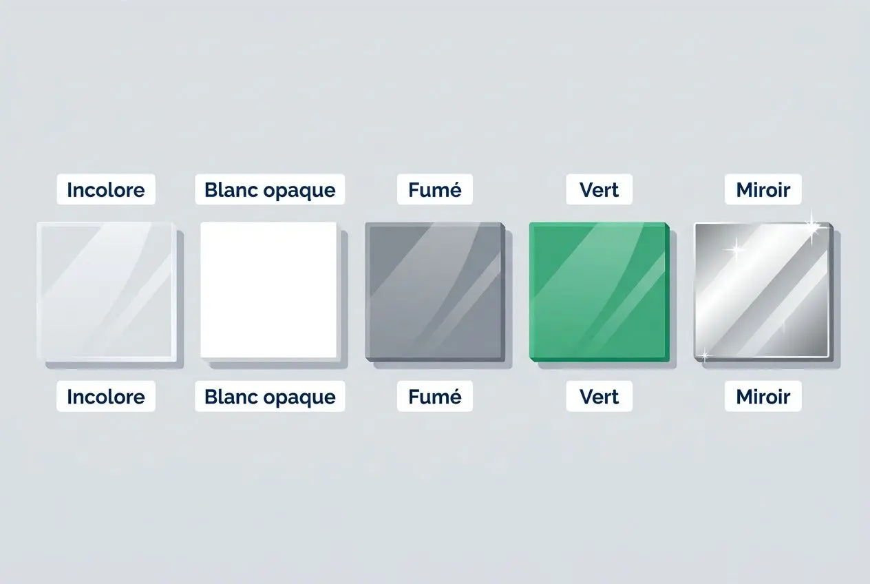 Sélection de plexiglass plié sur mesure avec options de couleurs: Incolore, Blanc opaque, Fumé, Vert, Miroir.